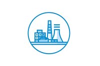 Industrial factory complex with smokestacks and buildings in circular blue outline icon on white background for business presentations.