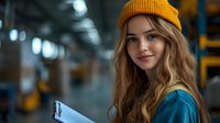 Young Caucasian woman with long wavy hair wearing yellow beanie and teal jacket in industrial warehouse setting holds digital tablet, soft bokeh background creates modern workplace mood.