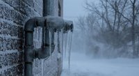 Frozen water pipe with dramatic icicles hanging from outdoor plumbing during harsh winter storm conditions creating hazardous ice formations on building exterior.
