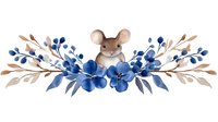 Cute brown mouse with blue floral arrangement featuring watercolor flowers and leaves on white background, isolated clipart for nursery decor.