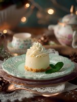 Mini cheesecake with whipped cream topping on vintage mint plate, decorated with fresh mint leaf. Soft bokeh lights and antique teapot create cozy atmosphere.