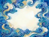 Watercolor frame with swirling blue clouds in traditional Asian style, featuring golden accents and a blank center for text or design elements.
