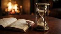Vintage hourglass with flowing sand beside open antique book on wooden table, warm fireplace glow in background, symbolizing passage of time and knowledge.