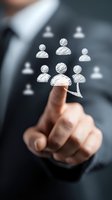 Businessman pointing at sketched organization chart with hierarchical team structure, concept for leadership and human resource management.