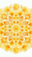 Symmetrical sun mandala with ornate floral patterns and radiating golden suns on white background. Isolated design suitable for textiles, wall art, and decorative applications.