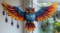 Colorful owl wall decor with spread wings in blue, orange and red feathers, hanging purple crystal ornaments. Fantasy bird art piece for bohemian home decoration.