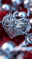 Ornate glass heart with delicate frost patterns resting on red feathers or fur, surrounded by silver spheres creating romantic winter holiday atmosphere.