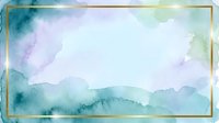 Watercolor landscape with soft teal, purple, and white washes creating misty mountains and clouds. Gold frame border. Isolated on transparent background, ready for design projects.