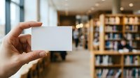 Close-up of hand holding blank white card in library with bookshelves and natural light, suitable for business branding and marketing.