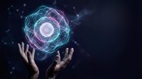 Hands reaching toward glowing geometric sphere with neon wireframe design against dark space background for technology and innovation concepts.