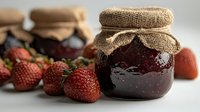 Fresh strawberry jam in rustic glass jar with burlap top, surrounded by ripe red strawberries on light surface, homemade preserves for breakfast.