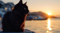 Black cat silhouette sitting by water at golden hour sunset with warm light reflecting on surface creating peaceful serene atmosphere for relaxation content.