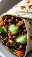 Spiced lentil and chickpea wrap with fresh cucumber slices, carrots, and herbs, served on white plate. Close-up macro shot shows texture and filling details.