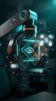 Robotic arm with advanced camera sensor and glowing holographic eye symbol, featuring neon cyan and orange light effects for technology, artificial intelligence, and surveillance concepts.