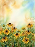 Watercolor black-eyed Susan flowers in golden yellow bloom against a soft pastel sky background with copy space for greeting cards.