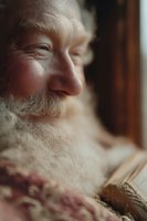 Close-up portrait of smiling elderly Caucasian man with white beard showing genuine happiness and joy in warm natural lighting for lifestyle content.