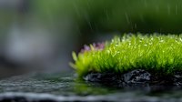 Fresh green moss growing on wet surface during gentle rainfall with water droplets creating peaceful natural scene for relaxation and mindfulness concepts.