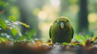 Green kakapo parrot sitting on forest floor among fallen leaves with soft bokeh background, showcasing endangered New Zealand native bird in natural habitat.