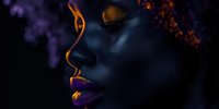 Side profile of African woman with dark skin wearing vibrant purple and gold metallic lipstick against black background, dramatic artistic beauty portrait with glowing details.