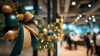 Elegant Christmas decorations with gold bow and ornaments on green pine tree at festive shopping mall event with blurred lights background.