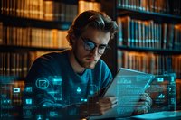 Young Caucasian male programmer in glasses working late at computer with futuristic holographic interface displays and data visualization in dark library setting.