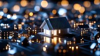 Glowing miniature house model on dark surface with bokeh lights creating magical evening atmosphere, concept of smart home technology and real estate.