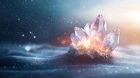 Glowing crystal cluster with magical light effect on mystical foggy surface against dark background with sparkles and warm sunlight glow.