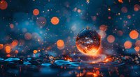 Mystical glowing sphere floating above water surface with orange bokeh lights against dark blue cosmic background creates magical atmosphere.