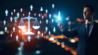 Professional businessman pointing at glowing justice scales with human icons representing legal services, law firm consultation and attorney expertise.