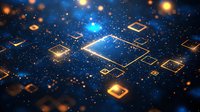 Glowing digital processors and microchips floating in cosmic space with blue light effects and golden particles, futuristic technology concept background.