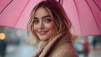 Young woman with bright smile holding pink umbrella on rainy autumn day, wearing cozy beige coat. Soft bokeh city lights create romantic mood.