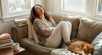 Young woman laughing joyfully while relaxing on cozy sofa with orange cat, expressing happiness and contentment in bright living room for lifestyle content.