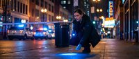 Young male detective examining evidence at urban crime scene with police lights and city backdrop at night.