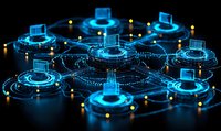 Futuristic network of glowing blue digital nodes connected by light paths against dark background, representing data exchange and cloud computing technology.