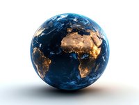 Planet Earth view from space showing Africa and Europe continents with city lights at night, realistic globe with detailed terrain and atmosphere on white background.