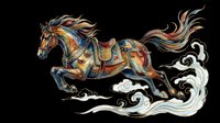 Galloping armored horse with flowing mane in traditional Asian art style, isolated on transparent background. Great for t-shirt design, stickers, clipart, and print on demand.