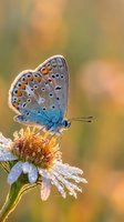 Small blue butterfly with orange spots perched on white daisy flower with morning dew drops in soft natural light creating peaceful garden scene.