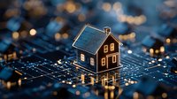 Small house model on computer circuit board with glowing bokeh lights, representing smart home technology and digital real estate innovation.