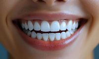 Close up of bright white healthy teeth showing natural smile with pink lips against dark background, dental care and oral hygiene concept for dentistry.