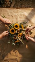 Multiple hands holding vibrant sunflower bouquet with dried grasses and eucalyptus wrapped in kraft paper against textured beige background with natural sunlight and shadows.