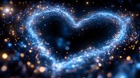 Glowing blue heart shape made of sparkling particles and stardust against dark cosmic background with golden bokeh lights for romantic designs.