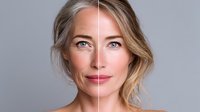 Comparison of mature woman's face showing aging process with split screen effect on gray background, highlighting skincare and anti-aging concept.