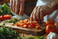 Professional chef chopping fresh red tomatoes on wooden cutting board in restaurant kitchen. Close-up of hands preparing ingredients for cooking healthy meal.