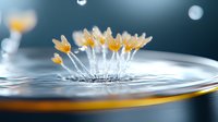 Delicate white and yellow mushrooms growing from water surface with bokeh light effects in background, macro photography showing intricate details and reflections.
