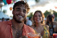 Young Hispanic man with curly hair smiling at outdoor summer party, holding cocktail glass with festive bokeh lights and people in background. Social gathering atmosphere.