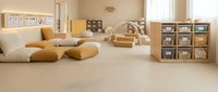 Modern Montessori classroom interior with wooden furniture, educational materials, and natural learning environment for early childhood development.
