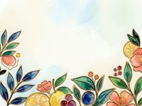 Watercolor floral and fruit border with gold outline details on soft pastel background, featuring lemons, berries, and blooms.