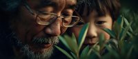 Elderly man with glasses and young child examining green plant leaves together in warm natural lighting for botanical education and family bonding moments.