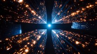 Glowing cross shape formed by bright light rays and particles radiating outward against dark background creating dramatic spiritual atmosphere.