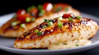 Grilled chicken breast with creamy sauce garnished with fresh herbs and cherry tomatoes on dark plate, close up view of juicy meat in restaurant style.